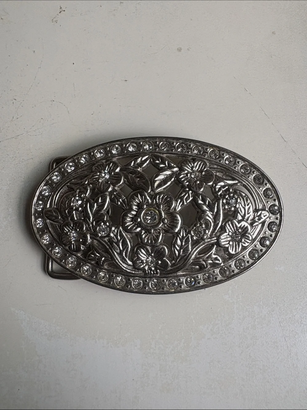 Silver Floral Oval Rhinestone Belt Buckle 3.5in x 2in